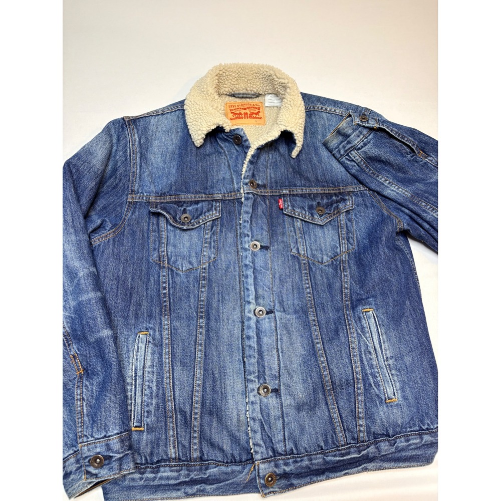 Levis Mens Sherpa Lined Denim Trucker Jacket Medium Wash Blue Large